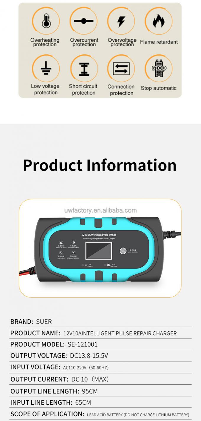 12V 10A 20A Intelligent Full Automatic Lead Acid Battery Charger for Car and Motorcycle Private Mold Yes SCP Function 2