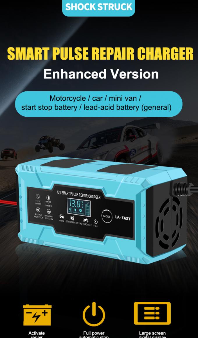 12V/24V Automatic Motorcycle Car Battery Charger 12V6A8A10A with LCD Display EU US Output 12V/24V Charging Efficiency 90% 0