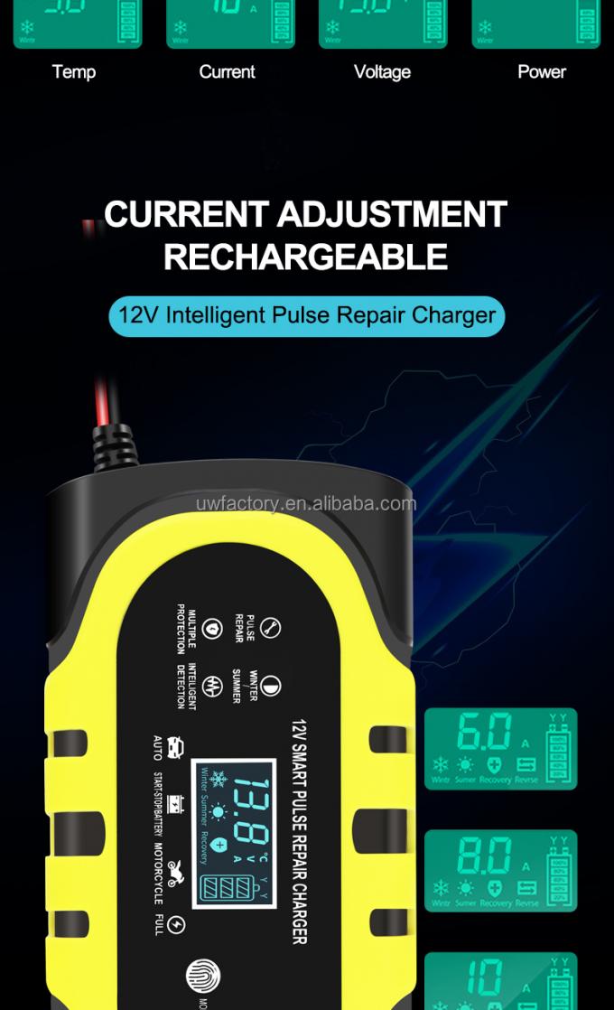 Automobile and Motorcycle LCD Display Smart Battery Charger 12V/24V Output 12A/10A/6A Charging Efficiency Universal 8