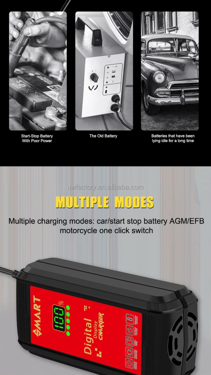 Lead Acid Battery Charger 90% Charging Efficiency 12V/1.25A Output Newest Pulse Repair with Automatic Function 8