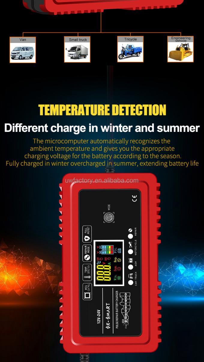 12V/20A Car Motorcycle Full Automatic Lead Acid Battery Charger 24V 6A with LCD Display HIGH POWER AND EFFICIENCY 4