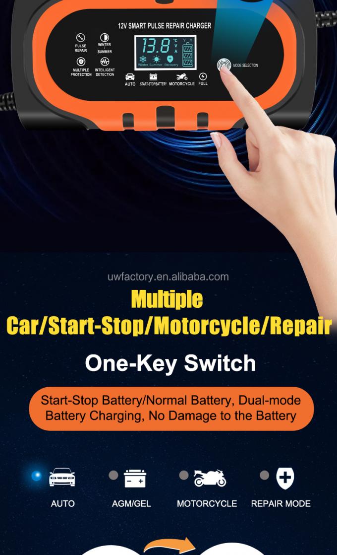 Portable LCD Display 12V/1.25A Automatic Identification Smart Fast Charge Car Battery Charger for Motorcycle Lead-Acid 2