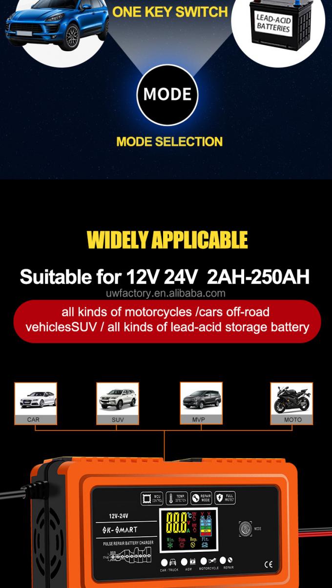 12V 24V 10A Output Power Automatic Smart Car Motorcycle Truck Tricycle Battery Charger for Dry Cell Water/Lead-Acid Battery 3