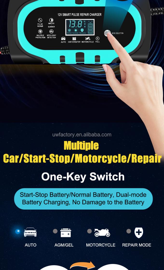 90% Charging Efficiency LCD Display 12V10a 20a Smart Battery Charger for Universal Automobile and Motorcycle 2