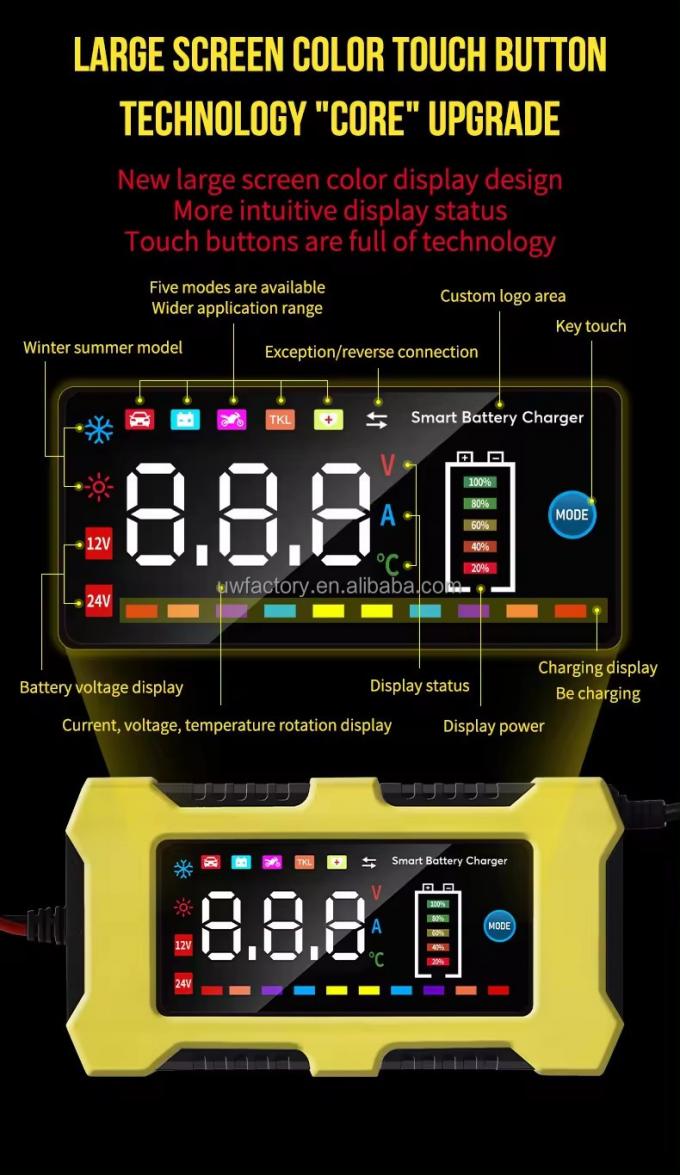12V/10A Input 12V/2A Output Color Touch Screen Car Battery Charger for Lead-Acid and Lithium Ion Batteries Large Screen 3