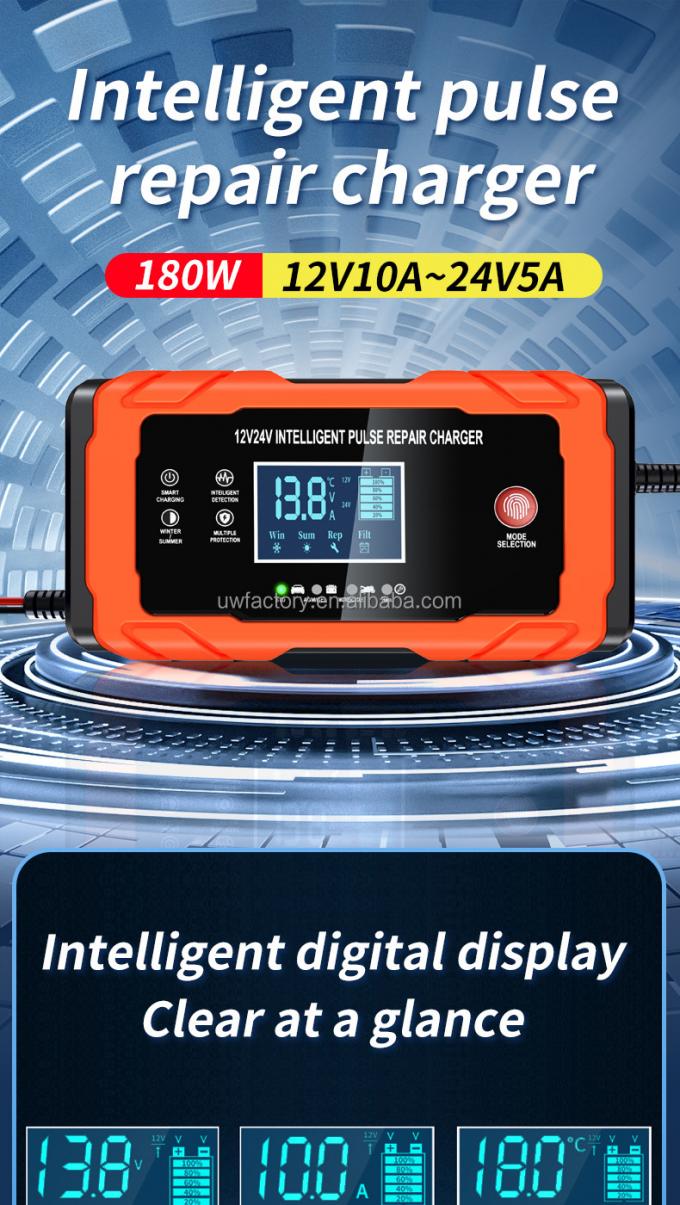 Private Mold 12V 10A/24V 5A Full Automatic Car Battery Charger 7-Stage Smart Fast Charging Pulse Repair for AGM GEL WET Lead Acid Big Display 0