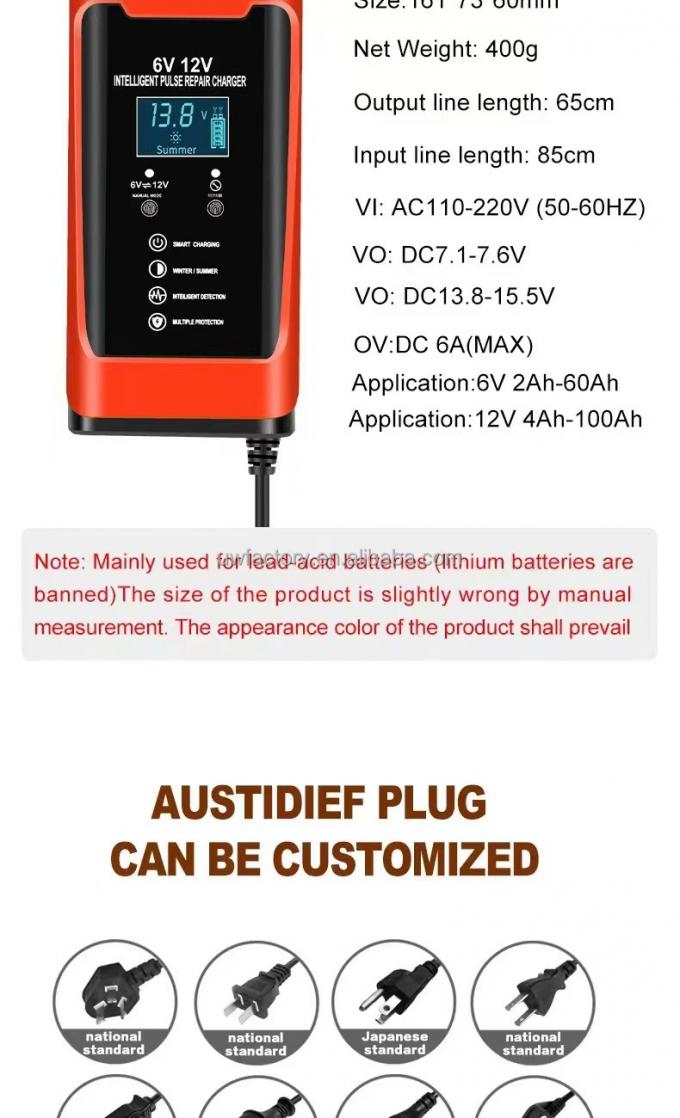 Private Mold Yes Universal 6V 12V Lead Acid Battery Charger AGM GEL LifePo4 Car 12 Volt Auto Adjustable Voltage 12V 200Ah 5