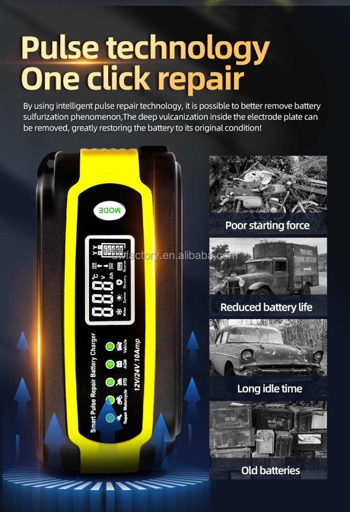 Universal Portable Automatic LCD Smart Pulse Repair Trickle Car Battery Charger 12V 24V for GEL AGM Lead Acid Battery Charging 7