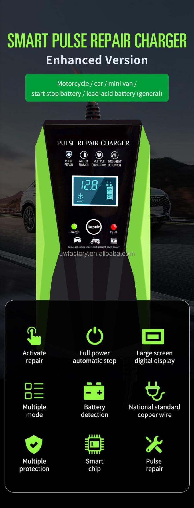 Fast Charging Three-Stage Smart 12V Lead-Acid Battery Charger with 125W Output Power and Smart Select Mode 0